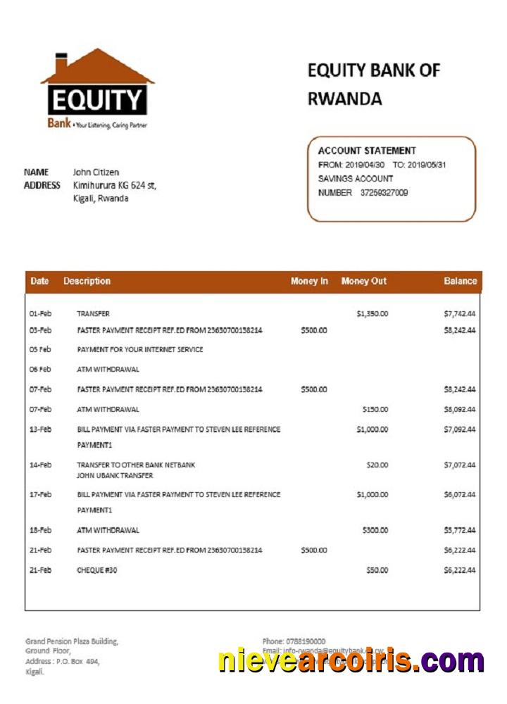 Rwanda Equity Bank of Rwanda proof of address bank statement in Word and PDF format